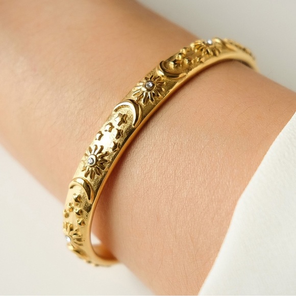 Bohemian Crescent Star Bangle Bracelet | Gold Plated Stainless Steel - Picture 3 of 4